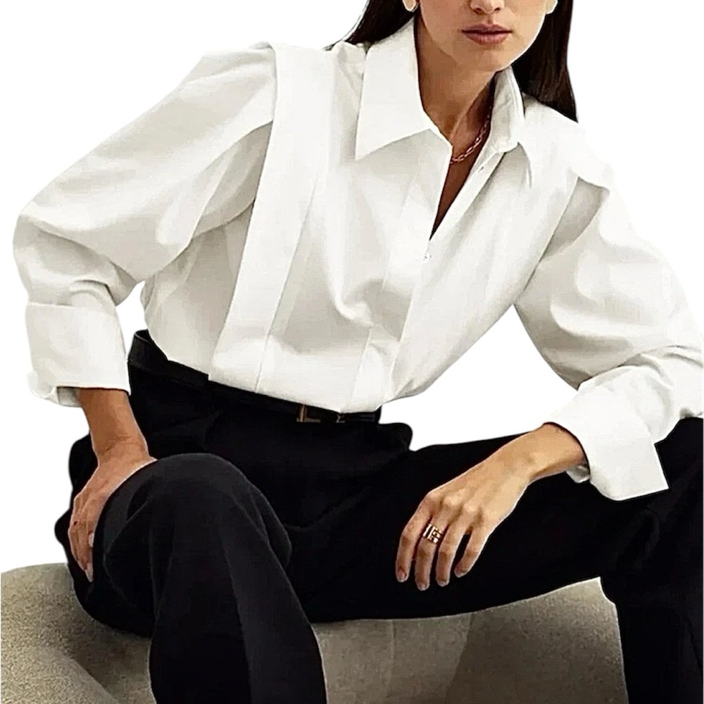 Commense pure cotton crisp white puff sleeve minimal old money blouse XS